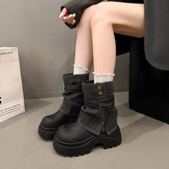 Faux Leather Paneled Platform Chunky Heel Short Boots