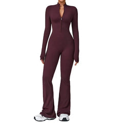 Long-Sleeve Half-Zip Plain Flared Yoga Jumpsuit