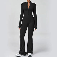 Long-Sleeve Half-Zip Plain Flared Yoga Jumpsuit