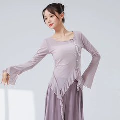 Long-Sleeve Round Neck Plain Ruffle Trim Dance Top