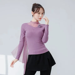 Long-Sleeve Mock Neck Plain Sheer Panel Dance Top