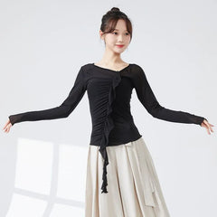 Long-Sleeve V-Neck Plain Ruffle Trim Dance Top