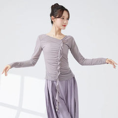 Long-Sleeve V-Neck Plain Ruffle Trim Dance Top