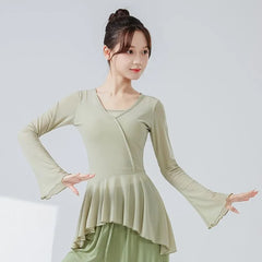 Long-Sleeve V-Neck Plain Ruffle Trim Dance Top