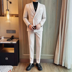 Lapel Collar Plain Double Breasted Blazer / Mid Rise Dress Pants / Set