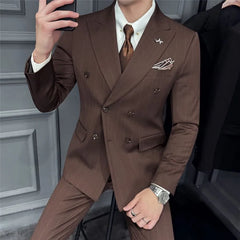 Set: Lapel Collar Pinstriped Double Breasted Blazer + V-Neck Vest + High Waist Dress Pants