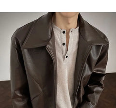 Collared Plain Faux Leather Zip Jacket