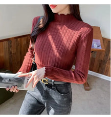 Maternity Long-Sleeve Mock Neck Plain Lettuce Edge Nursing Knit Top