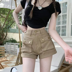 High Waist Pocket Detail Roll Up Hem Denim Hot Pants