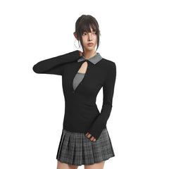 Long Sleeve Collared Two Tone Mock Two Piece Keyhole Top / Mid Waist Plaid Pleated Mini A-Line Skirt