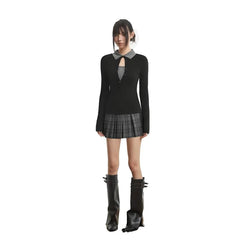 Long Sleeve Collared Two Tone Mock Two Piece Keyhole Top / Mid Waist Plaid Pleated Mini A-Line Skirt