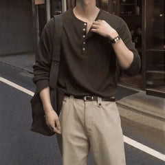 Long-Sleeve Round Neck Henley Plain T-Shirt