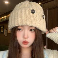 Button Accent Cable Knit Beanie