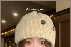 Button Accent Cable Knit Beanie
