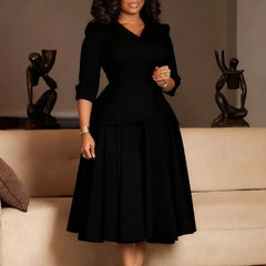 Mock Two-Piece 3/4-Sleeve Lapel Collar Plain Midi A-Line Blazer Dress