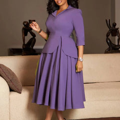 Mock Two-Piece 3/4-Sleeve Lapel Collar Plain Midi A-Line Blazer Dress