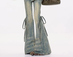 Mid Waist Washed Frayed Skirt Overlay Bell Bottom Jeans