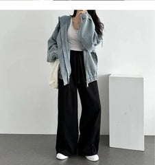 Hooded Drop Shoulder Washed Denim Zip Jacket