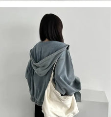 Hooded Drop Shoulder Washed Denim Zip Jacket