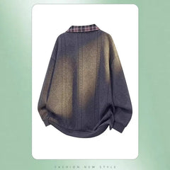 Drop Shoulder Plaid Panel Polo Sweatshirt