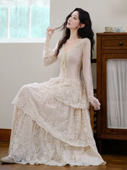 Long-Sleeve V-Neck Lace Maxi A-Line Tiered Dress