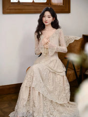 Long-Sleeve V-Neck Lace Maxi A-Line Tiered Dress