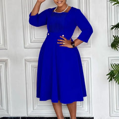 Plus Size 3/4-Sleeve Square-Neck Plain Midi A-Line Dress