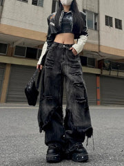 Mock Two-Piece Mid Rise Washed Fringed Distressed Wide Leg Jeans