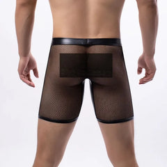 Plain Mesh Panel Faux Leather Boxer Briefs