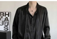 Long-Sleeve Scarf Neck Button-Up Plain Shirt