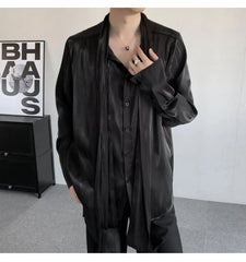 Long-Sleeve Scarf Neck Button-Up Plain Shirt