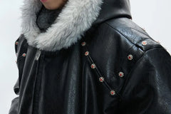 Fluffy Hooded Faux Leather Zip Jacket