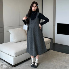 Maternity Long Sleeve Mock Neck Plain Top / Dotted Midi A-Line Overall Dress / Set