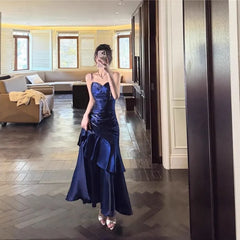 Spaghetti Strap Satin Ruffled Mermaid Evening Gown