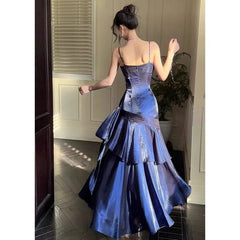 Spaghetti Strap Satin Ruffled Mermaid Evening Gown