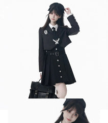 Notch Lapel Striped Button-Up Crop Blazer / Long-Sleeve Collared Plain Lace Trim Blouse / High Waist Pleated Mini A-Line Jumper Skirt / Badge / Necktie / Set