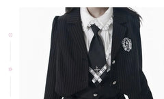 Notch Lapel Striped Button-Up Crop Blazer / Long-Sleeve Collared Plain Lace Trim Blouse / High Waist Pleated Mini A-Line Jumper Skirt / Badge / Necktie / Set