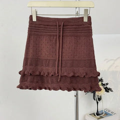 High Waist Plain Crochet Knit Ruffled Hem Mini Pencil Skirt