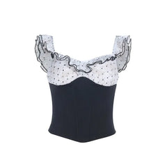 Square-Neck Ruffled-Trim Dotted Paneled Corset Tank Top