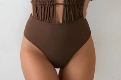 Halter Neck Deep Plunge Plain Open Back Swimsuit