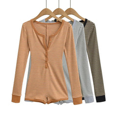Long-Sleeve Henley Striped Romper