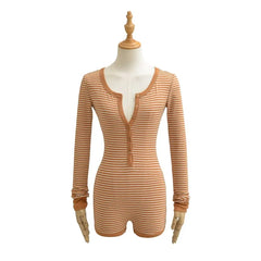 Long-Sleeve Henley Striped Romper