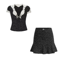 Short Sleeve V-Neck Lace-Trim Dotted Slim-Fit Top / High Waist Mini Skirt