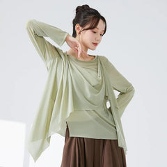 Long-Sleeve Round Neck Plain Side-Slit Asymmetrical Dance Top