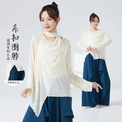 Long-Sleeve Round Neck Plain Side-Slit Asymmetrical Dance Top