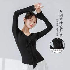 Long-Sleeve V-Neck Plain Ruffle Asymmetrical Dance Top