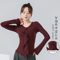 Long-Sleeve V-Neck Plain Ruffle Asymmetrical Dance Top