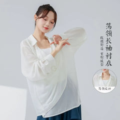 Long-Sleeve Cowl Neck Plain Asymmetrical Dance Top