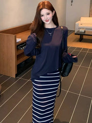 Long-Sleeve Crew Neck Plain T-Shirt / High Waist Striped Maxi Pencil Skirt