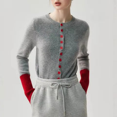 Crew Neck Contrast Cuff Button-Up Cardigan